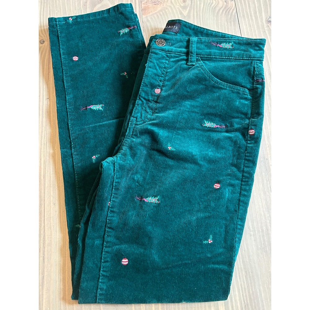 D5 Talbots Womens 2P Green Corduroy Christmas Embroidered Pants Holiday